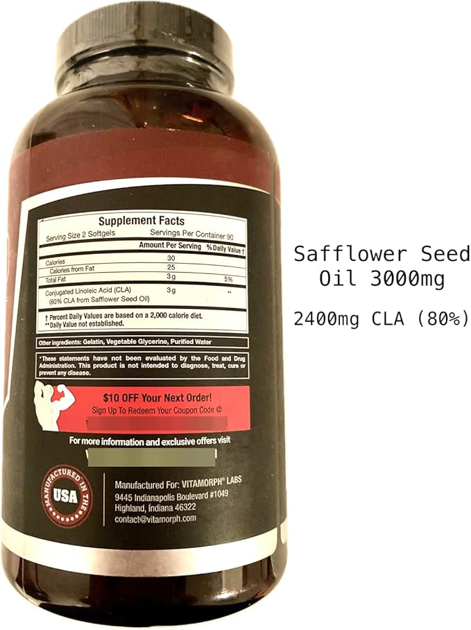 CLA 3000 - CLA Safflower Oil for Metabolism and Weight Loss Management, Maximum Strength Conjugated Linoleic Acid, Stimulant-Free Non-GMO Safflower Cla 180 Softgels