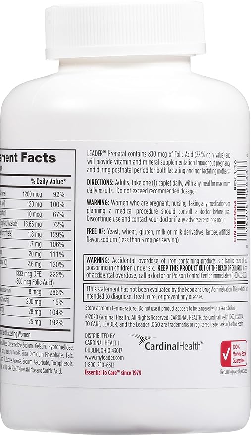 LEADER PreNatal Vitamins, 365 Caplets, Daily Nutritional Support for Expectant Mothers, Essential Nutrients, Folic Acid, Iron, DHA