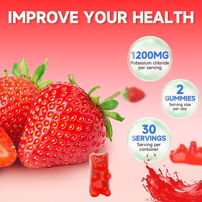 2 Pack Potassium Gummies for Adults, Potassium Chloride Gummies 1200mg Support Leg Cramps & Electrolyte Balance, Strawberry Flavor 120 Count