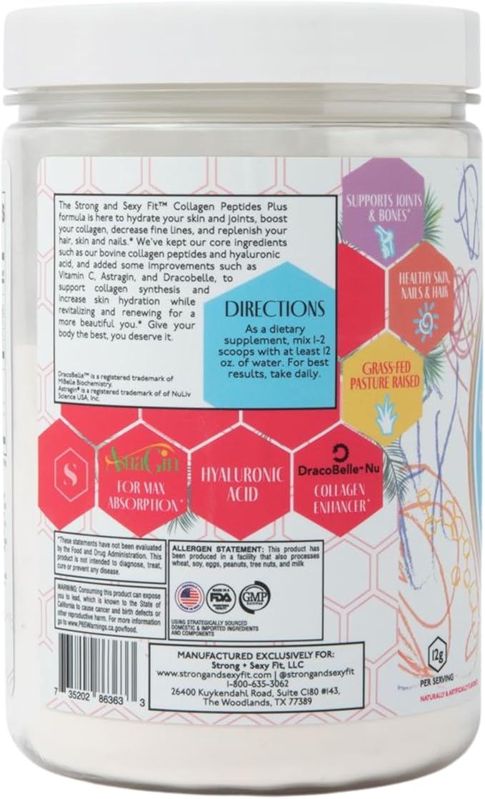 Strong + Sexy Fit Collagen Peptides Plus Powder with Hyaluronic Acid and Vitamin C, Women's Hair, Skin, Nails and Joint Support Supplement, Grass Fed Bovine Collagen, Silly Rabbit, 20-40 SVG