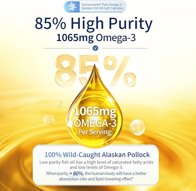 High Purified Omega 3 Supplement Wild Alaskan Fish Oil Burpless & No Fishy Taste, 650mg EPA &270mg DHA of 1250mg Fish Oil softgels, Gluten Free, Heart, Brain& Immune Support, 60 Servings