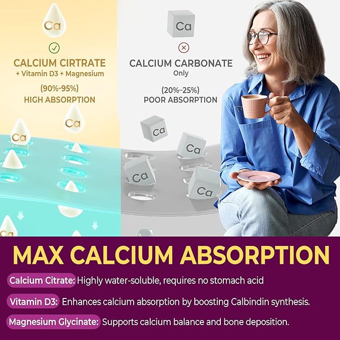 Calcium Supplements Gummies for Women & Men 50+, Calcium Citrate 1000mg with Vitamin D3, Magnesium, Zinc, Elderberry, High Absorption Calcium Chews for Bone Density, Relax Muscle, Immune, Vegan 60cts