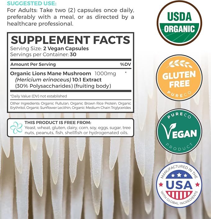 USDA Organic Lions Mane Capsules - 10:1 Extract Equals 10,000mg of Lion’s Mane Mushroom - Powerful 30% Polysaccharides - for Energy, Memory and Focus Supplement - 60 Vegan Capsules (No Pills/Powder)