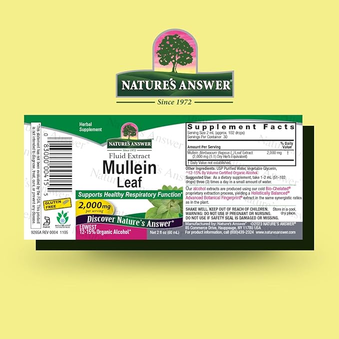 Natures Answer Mullein Leaf Low Alcohol 2000mg 2 oz Extract | Supports Respiratory Wellness | Gluten-Free, Vegan, Non-GMO, No Artificial Flavors or Preservatives | Single Count