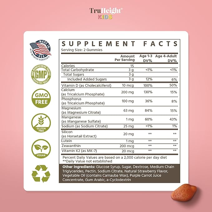 TruHeight Kids Bone Growth Gummies (Strawberry, Ages 2+) All Natural Kids & Toddler Vitamins - Vitamin D, Calcium, K2, Magnesium Multivitamin - Natural Growth & Development, Builds Strong Bones, Vegan