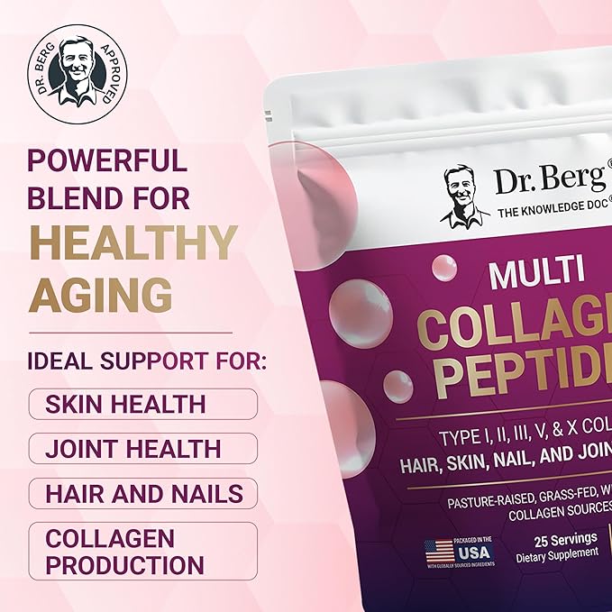 Dr. Berg Multi Collagen Peptides Powder Types I, II, III, V, X - Unflavored Collagen Powder w/ 14 g of Protein - Grass-Fed, Pasture-Raised & Wild-Caught Collagen Sources - 25 Servings