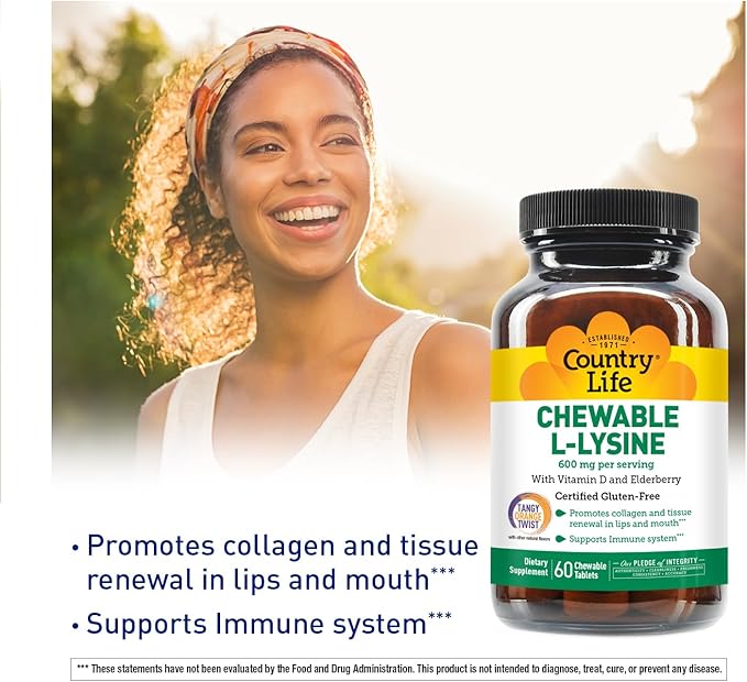 Country Life Chewable L-Lysine Supplement with Vitamin D and Elderberry, Immune Support and Collagen Renewal for Skin Tissue, Ideal for Adults