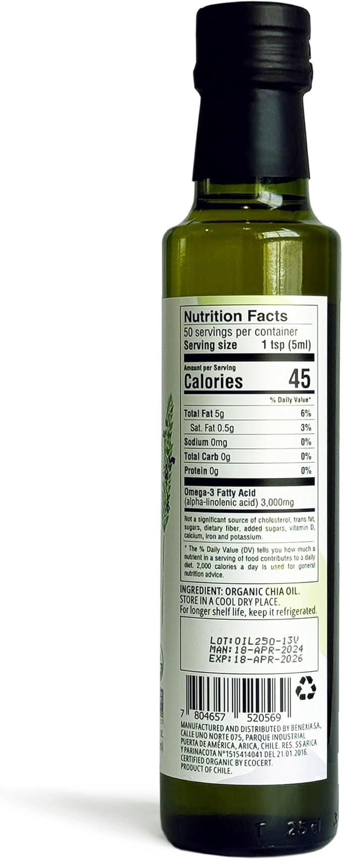 Seeds of Wellness - Organic Chia Seed Oil, Essential Bio Nutrients, Fatty Acids Omega-3 ALA Plant-Based, Cold-Pressed, Unrefined, Non GMO, 8.45 Fl Oz (250 ml) Glass Bottle, Pack of 1, Chile