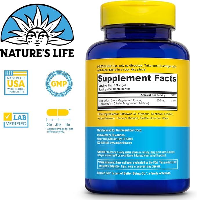 NATURE'S LIFE SoftMag 500 mg - Magnesium Complex w/Magnesium Citrate, Magnesium Malate - Bone Health, Muscle and Heart Health Support - Easy to Swallow Softgels - 60-Day Guarantee, 60 Servings, 60ct