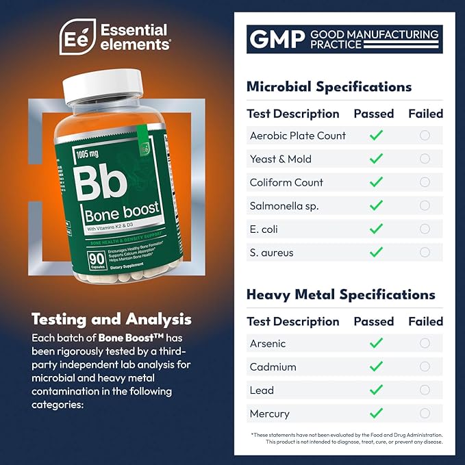 Essential Elements Bone Boost Bone Health Supplement - Bone Support and Calcium Supplement with Vitamin D 3, K2, Cissus Quadrangularis for Bone Strength - 90 Capsules (30 Day Supply)
