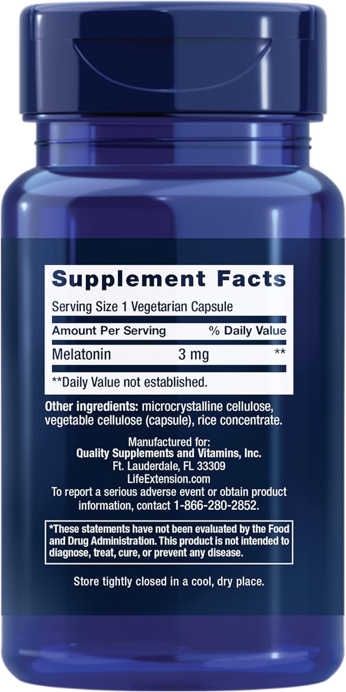 Life Extension Melatonin, 3 mg, Optimal Sleep Support, Healthy circadian Rhythms, Cellular Defense, Gluten-Free, Non-GMO, Vegetarian, 60 Capsules