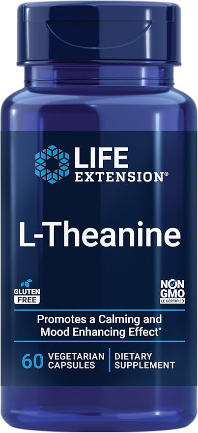 Life Extension L-Theanine, 100 mg, 60 Vegetarian Capsules — Supports a Calming & Mood Enhancing Effect, Amino Acid Derived From Tea - Gluten-Free, Non-GMO