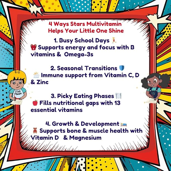 Stars Kids Multivitamin Gummies with Omega 3, Vitamins for Kids with A, B, C, D, Plant Based Multi Vitamins for Children, Manganese, 60 Star-Shaped Multivitamin for Kids, Gluten-Free Gummy Vitamins