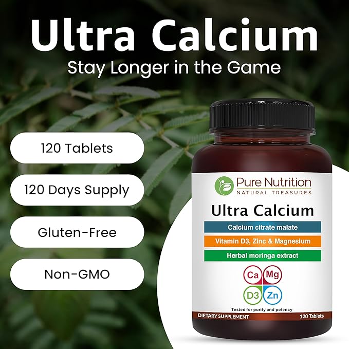 Pure Nutrition Ultra Calcium 1000mg with VIT D3 + K2 | 120 Tab | Highly absorbable Calcium Supplement with Calcium Citrate Malate, VIT D3, K2, Moringa Oleifera, Magnesium and Zinc.