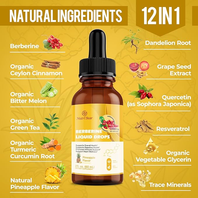 Berberine Supplement Liquid Drops, AMPK Berberine with Ceylon Cinnamon, Turmeric, Bitter Melon, 12 Organic Ingredients, 10X Strength Vegan Supplement for Immune & Digestive Support, 2 fl oz