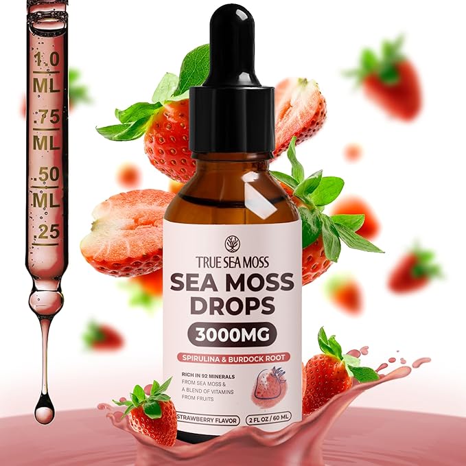 Irish Sea Moss Drops - 5X Stronger Than Sea Moss Gel - 92+ Essentials Minerals - with Spirulina Powder, Burdock Root & Black Cumin - 2 Fl Oz (60ml) - Strawberry Flavor