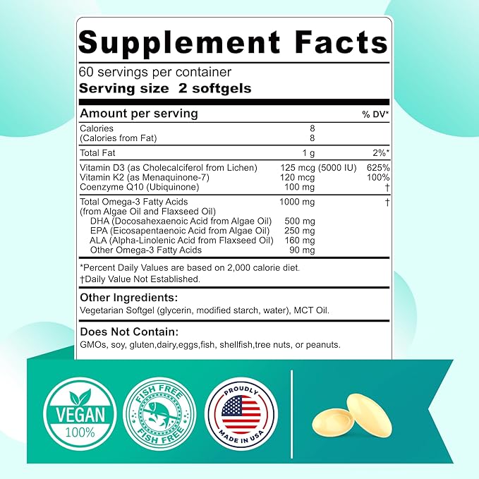 Vegan Omega 3 DHA EPA ALA Supplement with 5000IU Vitamin D3 K2 (MK7), CoQ10 for Women Men, Fish Oil Alternative, Plant Based Algae Oil Omega 3 for Bone, Brain, Eye, Skin & Immune Support, 120 Softgels