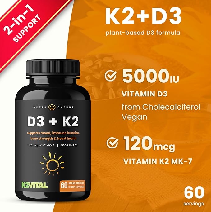 NutraChamps D3 with K2 MK7 Supplement for Heart & Bone Health | Vitamin D & K Complex | 5000 IU of Vitamin D 3 & 100 mcg of Vitamin K 2 MK-7 | 60 Vitamin K2 D3 Capsules