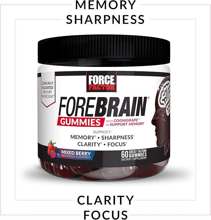 FORCE FACTOR Forebrain Gummies, 3-Pack, Nootropic Brain Support Supplement for Memory & Focus, Brain Vitamin with COGNIGRAPE & Huperzine A, Focus Gummies to Support Recall & Sharpness, 180 Gummies