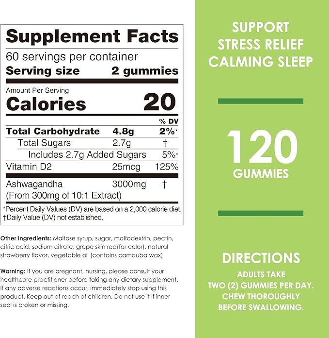 Nature's Key Ashwagandha Gummies, High Potency Ashwagandha Root Extract with Vitamin D2, for Men & Women, Stress, Calm Mood & Cognition, Strawberry Flavor (120 Count (Pack of 1)