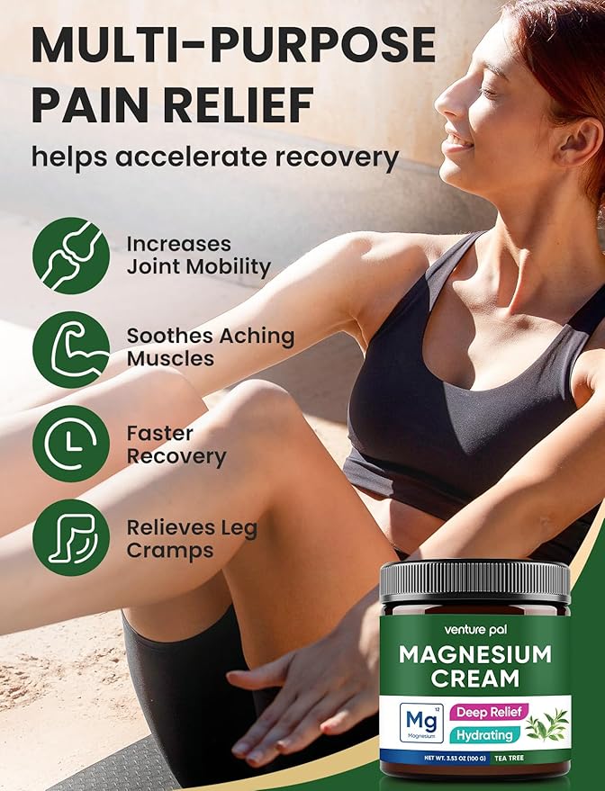 Venture Pal Magnesium Lotion, Topical Magnesium Cream for Sleep, Leg Cramps & Pain, Muscle Relaxation, Calm, Moisturizing Supplement with Coconut Oil, Shea Butter & Hyaluronic Acid, Safe for Kids