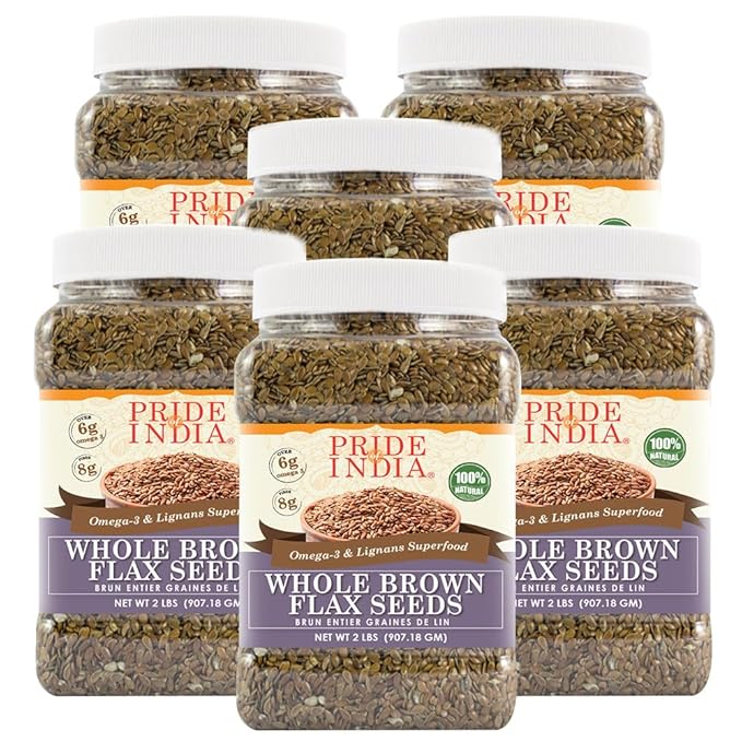 Pride Of India - PACK of 6 - Whole Brown Flax Seeds - Omega-3 & Lignan Superfood, 2 lbs Jar