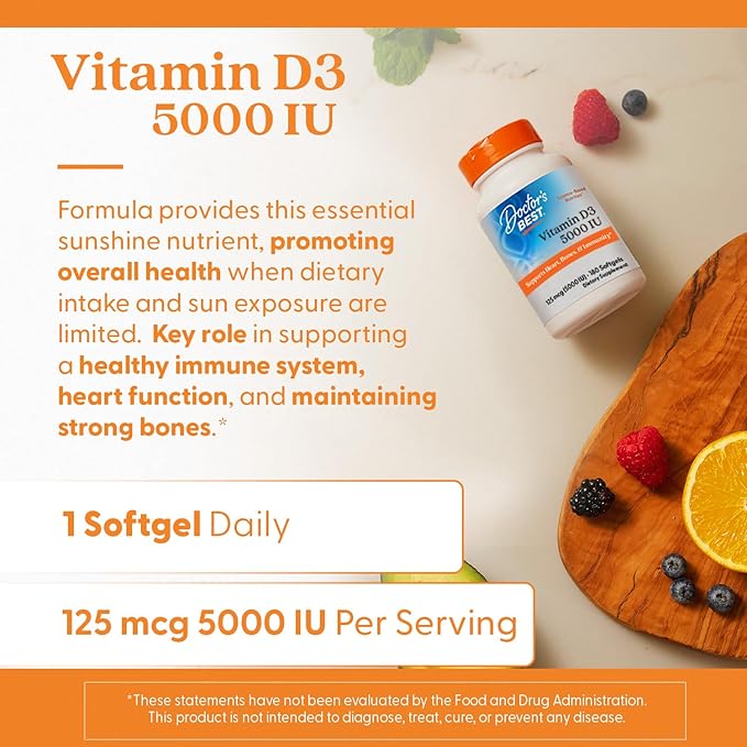 Doctor's Best Vitamin D3 5000 IU, Supports Heart, Bones, & Immunity, Non-GMO, Gluten Free, Soy Free, Vegetarian 180 Veggie Softgels