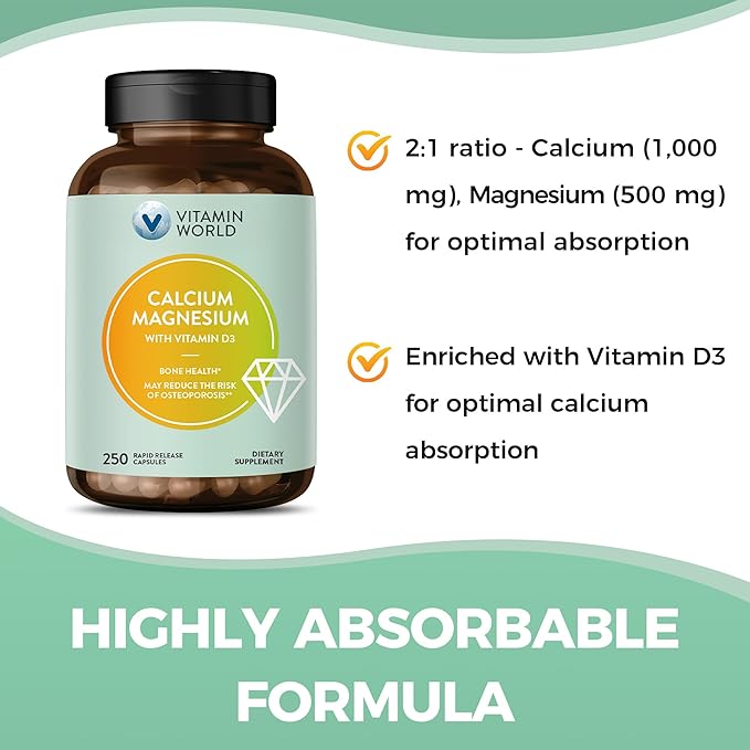 Vitamin World Calcium Magnesium with Vitamin D3, Bone Health, Muscle & Nerve Function Support, with Calcium 1000mg, Magnesium 500mg, Rapid-Release, Gluten & Dairy Free, 250 Capsules