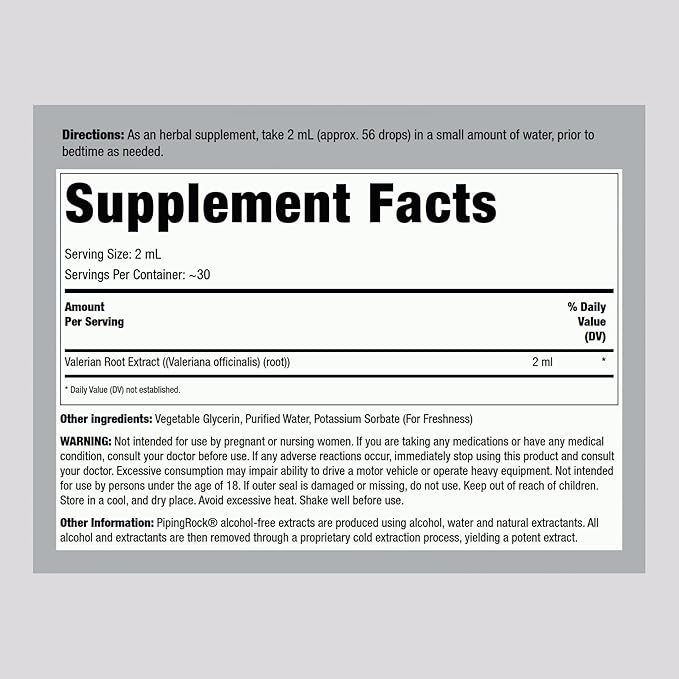 Piping Rock Valerian Root Extract Liquid Drops | 4 Fl Oz | Premium Herb Supplement Tincture | Vegetarian, Alcohol Free | Non-GMO, Gluten Free