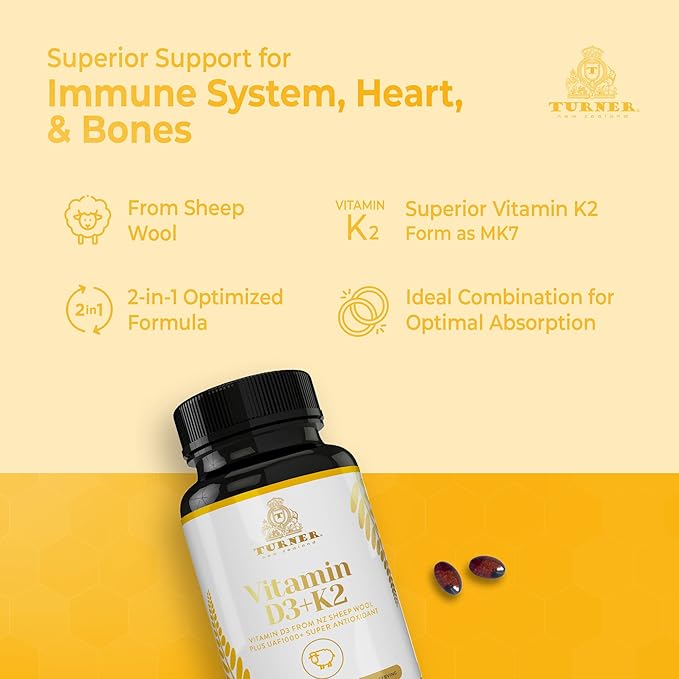 TURNER Vitamin D3 (2000IU) Plus K2 (80mcg), 2 in 1 Formula, Vitamin D3 Liquid with Vitamin K2, 60 Soft-Gels, Support Heart, Teeth & Joint Health, Easy to Swallow
