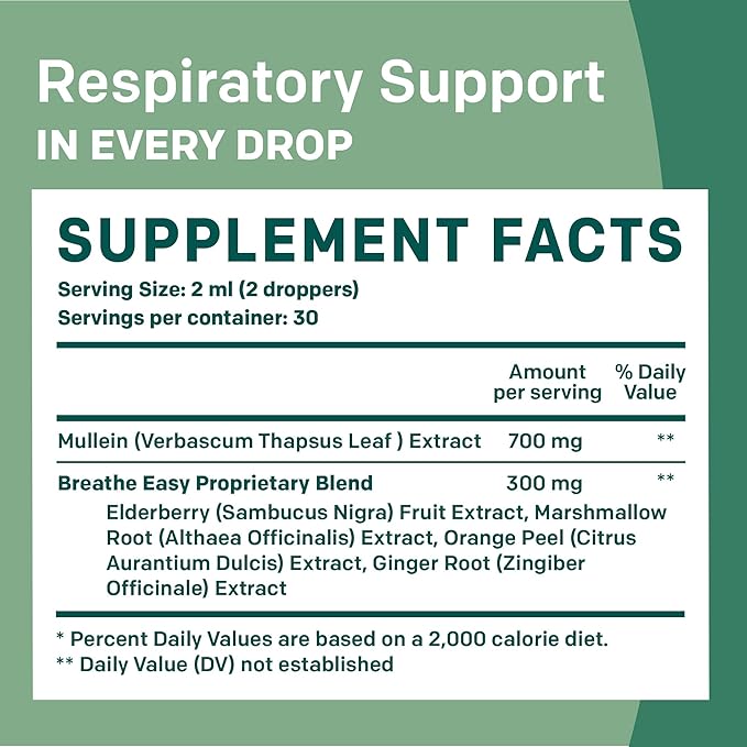 5-in-1 Mullein Drops for Lungs and Bronchial - Respiratory Lung Health Support with Mullen Leaf Extract for lungs - Mullein Tincture with Elderberry, Marshmallow, Ginger Root (60 Servings) (2-pack)