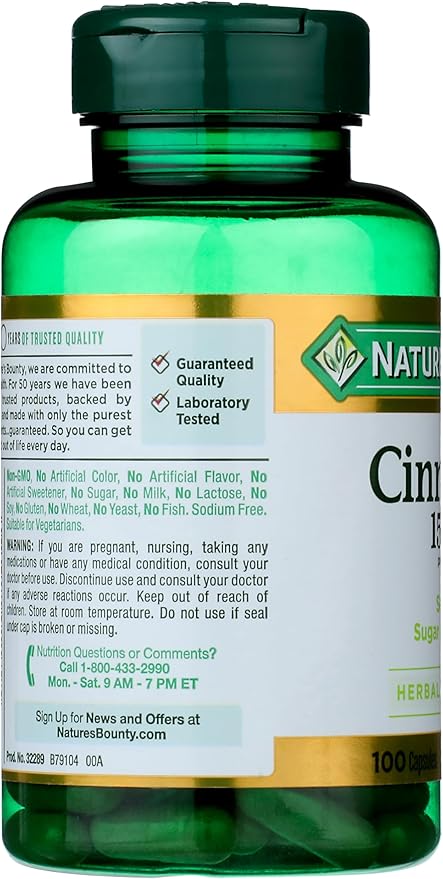 Nature's Bounty Cinnamon Capsules, Herbal Supplement, Supports Sugar Metabolism, 1500mg, 100 Capsules