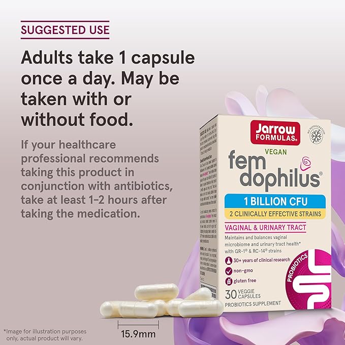 Jarrow Formulas Fem-Dophilus Probiotics 1 Billion CFU With 2 Science-Backed Strains, Dietary Supplement for Vaginal and Urinary Tract Support, 30 Veggie Capsules, Up to a 30 Day Supply, Shelf-Stable