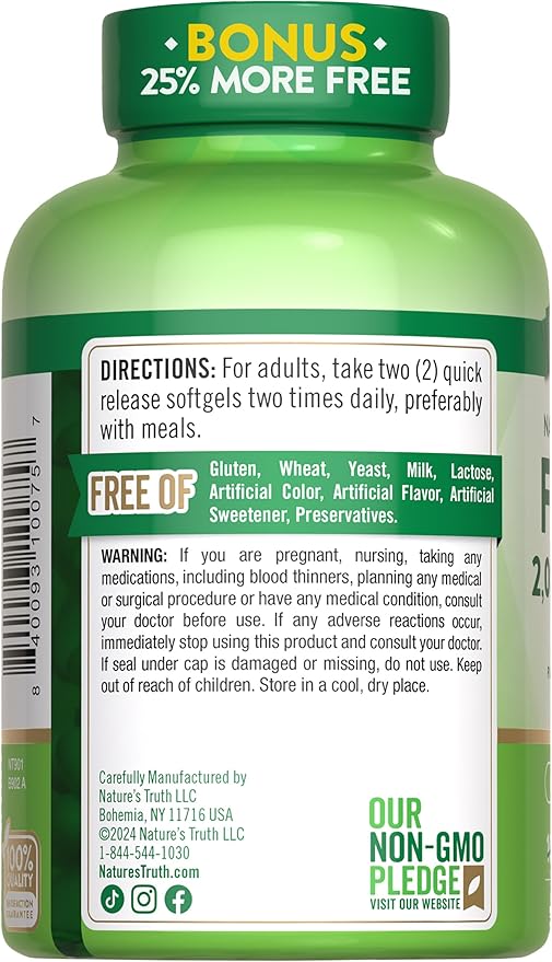 Nature's Truth Omega 3 Fish Oil 2000 mg | 125 Liquid Softgels | Burpless, Lemon Flavor Pills | Non-GMO and Gluten Free Supplement