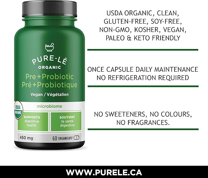 USDA Organic Prebiotic + Probiotic 60 Organicaps - Vegan Certified Organic Kosher Complete Daily Digestive Support. All Natural - Ultra Premium Digestive Dietary Supplement.