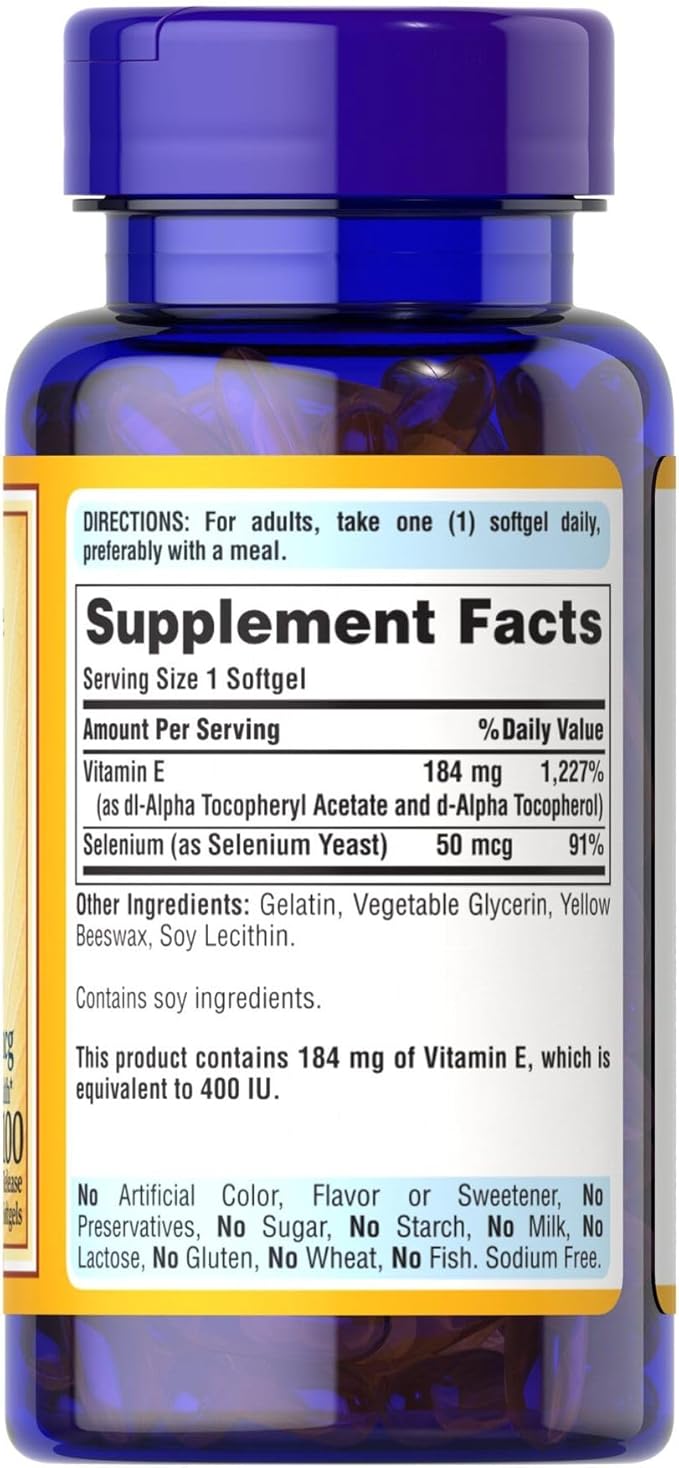 Puritan's Pride Vitamin E 184mg (400 IU) with Selenium 50mcg, Vitamin Supplement For Immune System and Antioxidant Health Support, 3 Month Supply, 100 Rapid Release Softgels