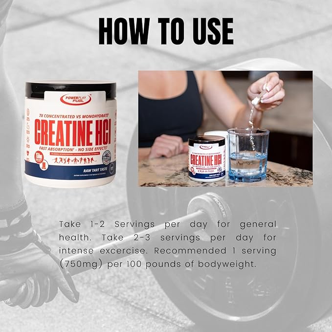 CREATINE HCl Powder for Men and Women, Muscle Strength, Brain Performance, Heart Health & Immune Support - Raw Tart Taste, 90 Servings