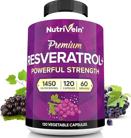 Nutrivein Premium Resveratrol 1450mg - 120 Caps: Pure Resveratrol Supplement Enhanced with Green Tea Leaf & Acai Berry - Aging, Defenses, Brain, and Joint Support