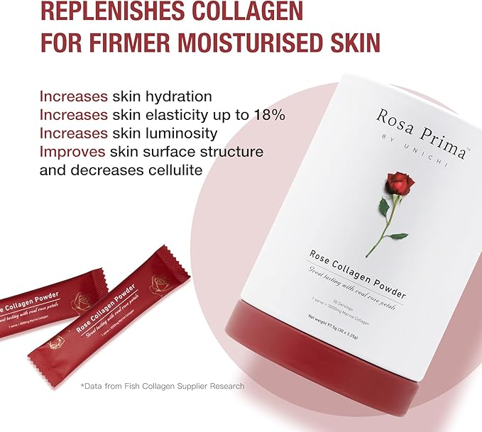 Unichi Rose Collagen Peptides Powder, Hydrolysed Marine Collagen Type I, III with Vitamins A, C, E in Rose Petal Powder for Hair, Nails and Skin Health, 0 Sugar, 0 Fat, Rose Petal Flavour, 30 Servings