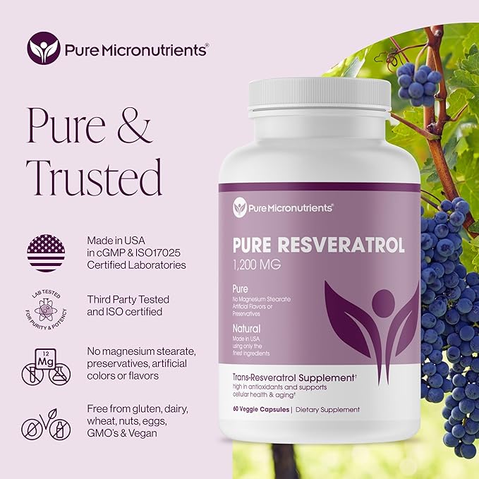 Pure Resveratrol Supplement - Extra Strength 600mg Trans-Resveratrol Per Serve - for Heart, Cognitive, Immune Health Support – Purified & Bioavailable - 60 Vegan Caps