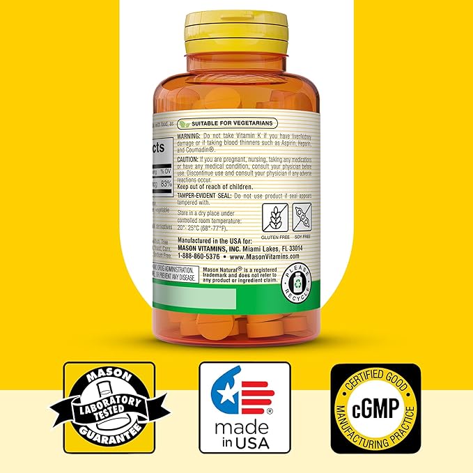 MASON NATURAL Vitamin K 100 mcg, Supports Bone & Joint Health, Helps Calcium Absorption, 100 Tablets, Pack of 3