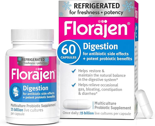 Florajen Digestion Probiotics (Refrigerated) - Advanced Gas & Bloat Supplement with Lactobacillus, Supports Gut Health, Unbloat & Good Flora, Adult Daily Probiotics for Constipation, 60 Count