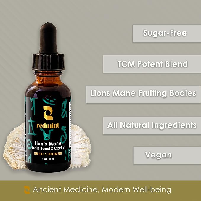 Redmint Lion's Mane Mushroom Herbal Tincture - Brain Boost & Clarity | Organic Immune Support Mushroom Supplement Rooted in Ancient TCM Wisdom for Focus, Memory Health & Wellness | 1 fl oz