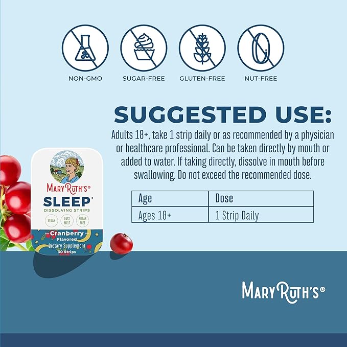 Sleep Dissolving Strips by MaryRuth's | L Theanine | Chamomile Flower | Melatonin 5mg | Valerian Root | Vitamin B6 | Sugar Free | Cranberry Flavor | Vegan | Gluten Free | Dairy Free | 30 Count