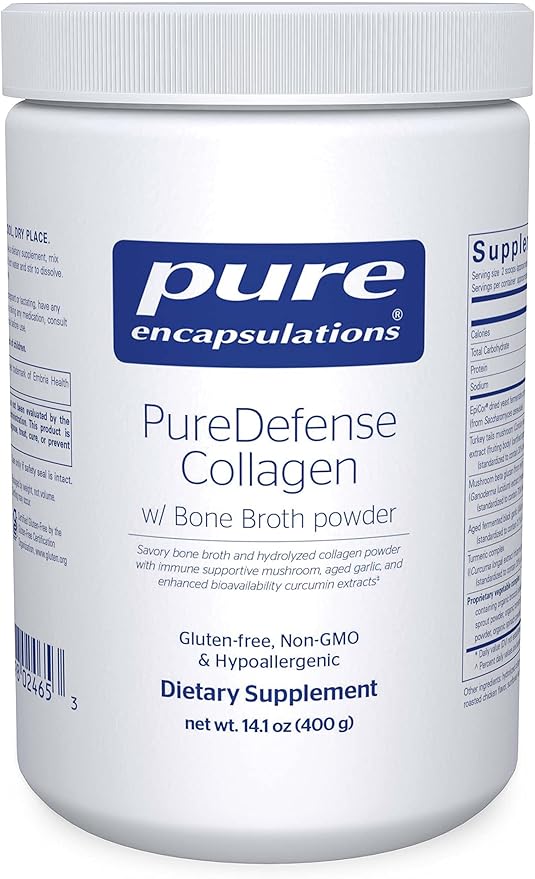 Pure Encapsulations PureDefense Collagen w/Bone Broth | Savory Bone Broth and Hydrolyzed Collagen Powder with Mushroom, Aged Garlic, and Enhanced Bioavailability Curcumin Extracts | 14.1 Ounces