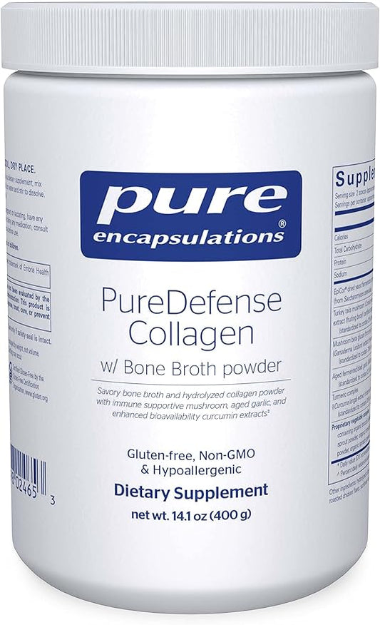 Pure Encapsulations PureDefense Collagen w/Bone Broth | Savory Bone Broth and Hydrolyzed Collagen Powder with Mushroom, Aged Garlic, and Enhanced Bioavailability Curcumin Extracts | 14.1 Ounces