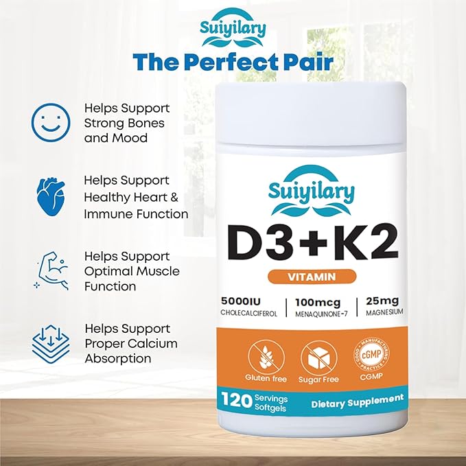 Vitamin D3 K2 Supplement with Vitamin D3 5000 IU, 100 mcg Vitamin K2, Plant Based 2-1 Formula for Bone, Teeth, Muscle and Immune Health Support,120 Softgel Capsules