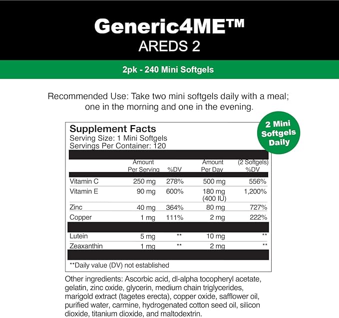 AREDS 2 SoftGels, 500 mg Vitamin C, 400 IU Vitamin E, 10 mg Lutein, 2 mg Zeaxanthin, 80 mg Zinc, 2 mg Copper - Supports Eye Health - 120 Mini SoftGels