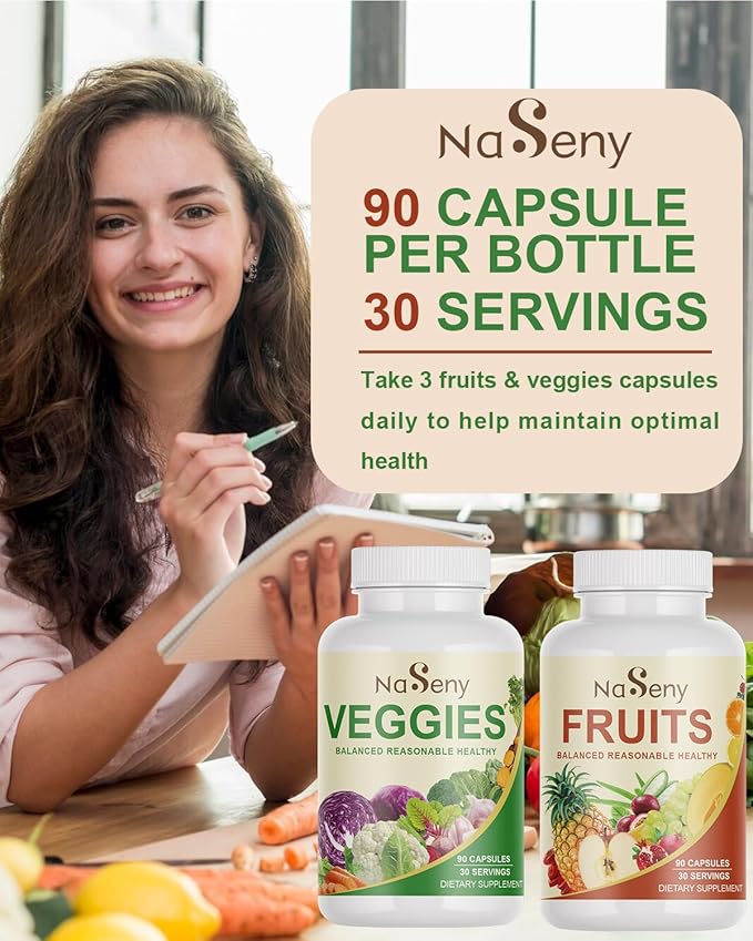 Fruits and Veggies Supplement with 40 Different Fruits & Vegetables-Nutrient-Rich Formula Rich in Vitamins and Minerals for All Ages for Energy, Immunity- 90 Fruit & 90 Veggie Capsules