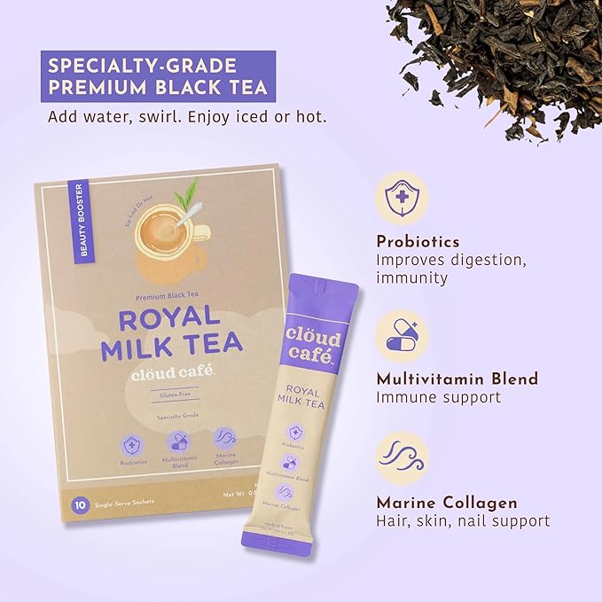 Collagen Infused Royal Milk Tea Instant Tea Powder - Probiotics for Digestive Health, Multivitamin Powder, & Marine Collagen Instant Tea (10 Sachets)